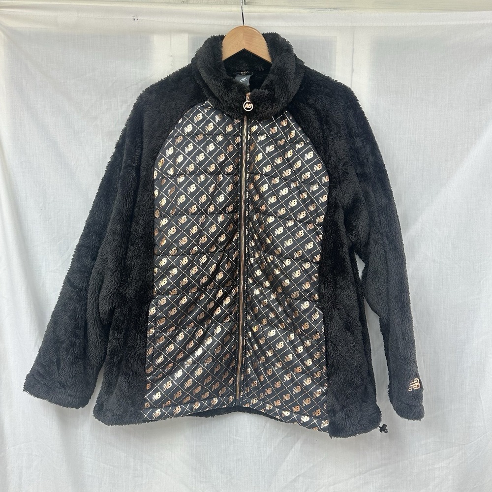 EUC New Balance Women's 3X Black Pile Faux Fur Jacket Full Zip Fuzzy Warm Pocket